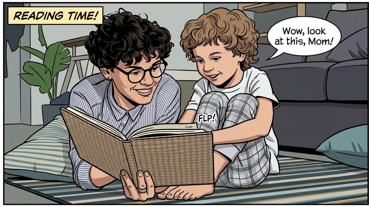A parent and child dozing happily over a storybook on a picnic blanket